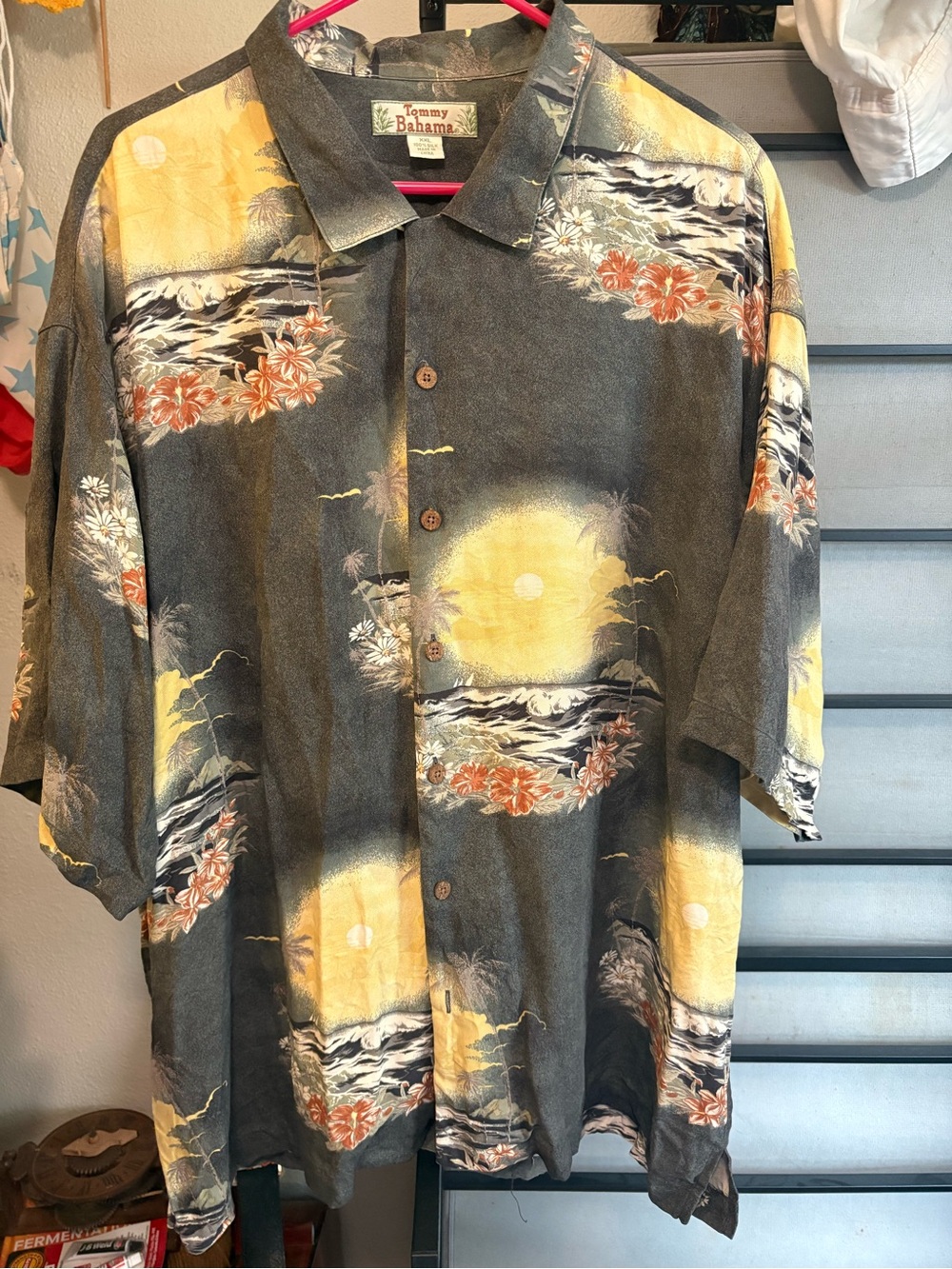 Tommy Bahama Men's Gray Tropical Sunset Hawaiian Shirt - Yellow & Orange Floral